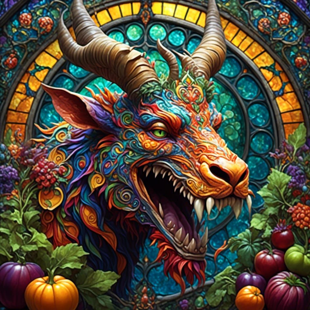 Grotesque Cornucopia Creature in Stained Glass Fractal Style