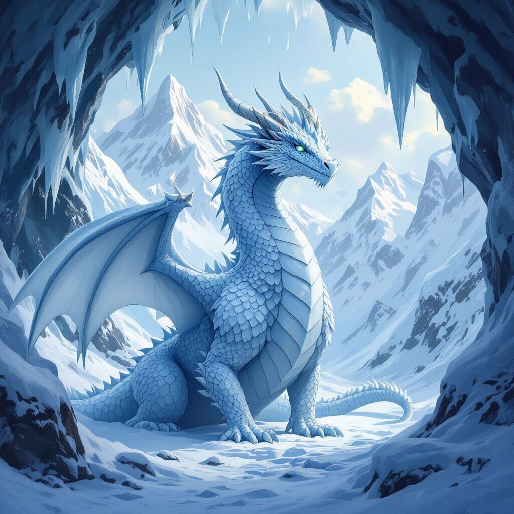Icy Blue Snow Dragon in Snow Cave, Digital Art
