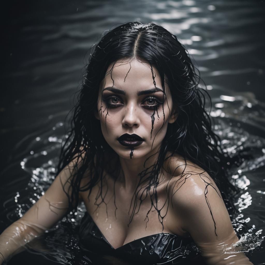 Gothic Siren Emerges from Dark Water: Hyper-Realistic Portra...