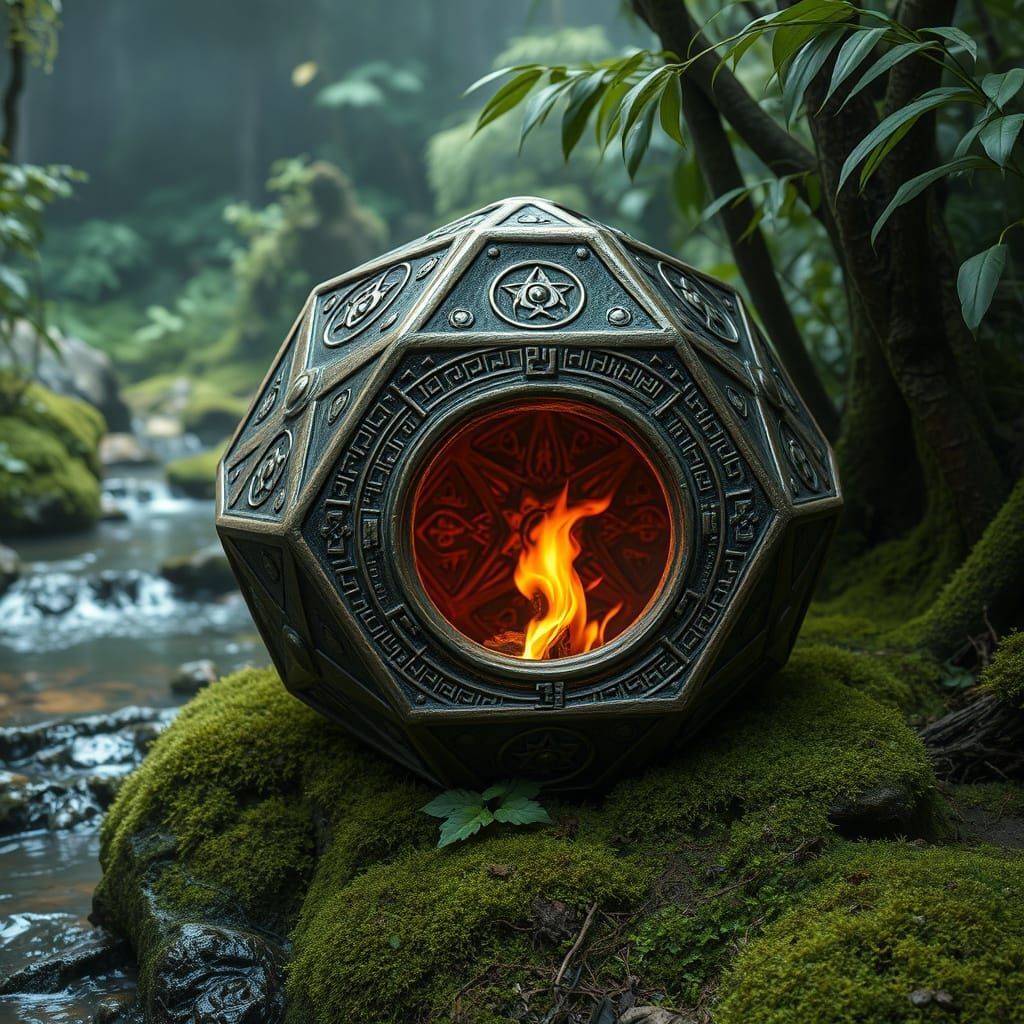 Bronze Octahedron with Fire in Jungle, Hyperrealistic