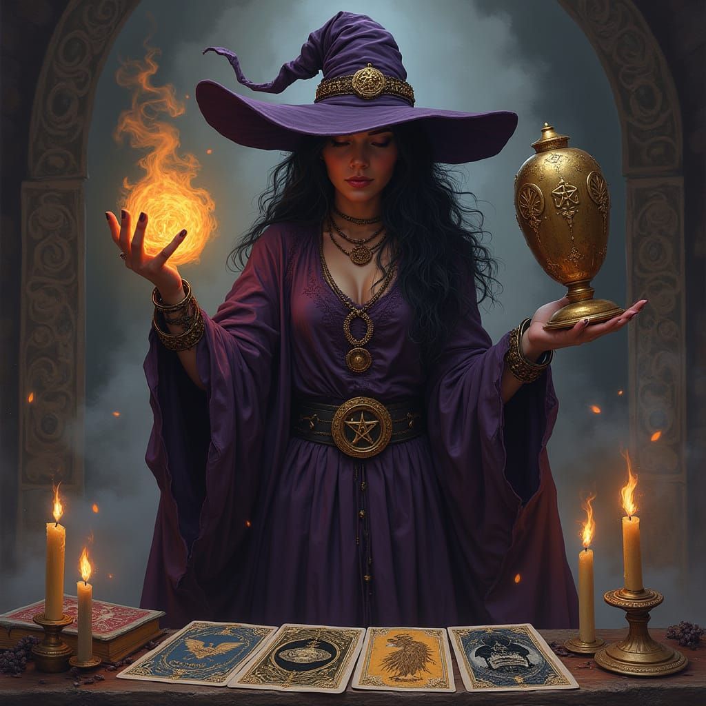 Mystical Witch Confronts Fate in Dark Purple Robes