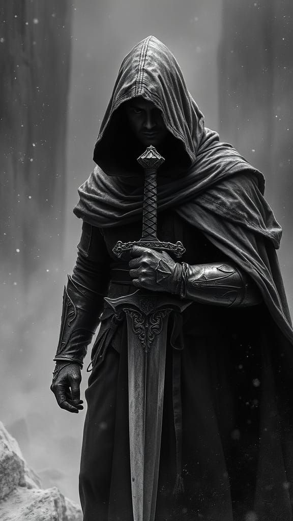 A figure, centrally positioned, is draped in a dark, hooded cloak. The figure is holding a large, ornate sword.  The fig...