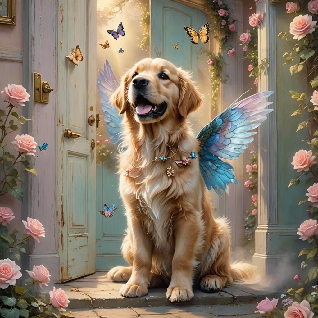 Golden Retriever Puppy Flies in Ethereal Fantasy