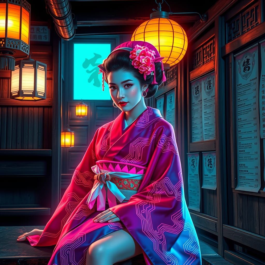 Futuristic Neon Geisha in Cyberpunk Tavern