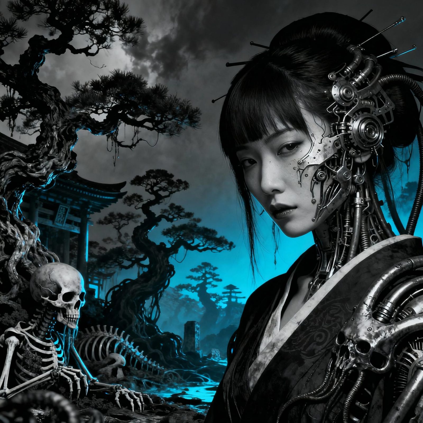 Biomechanical Japanese Woman in Surreal Landscape