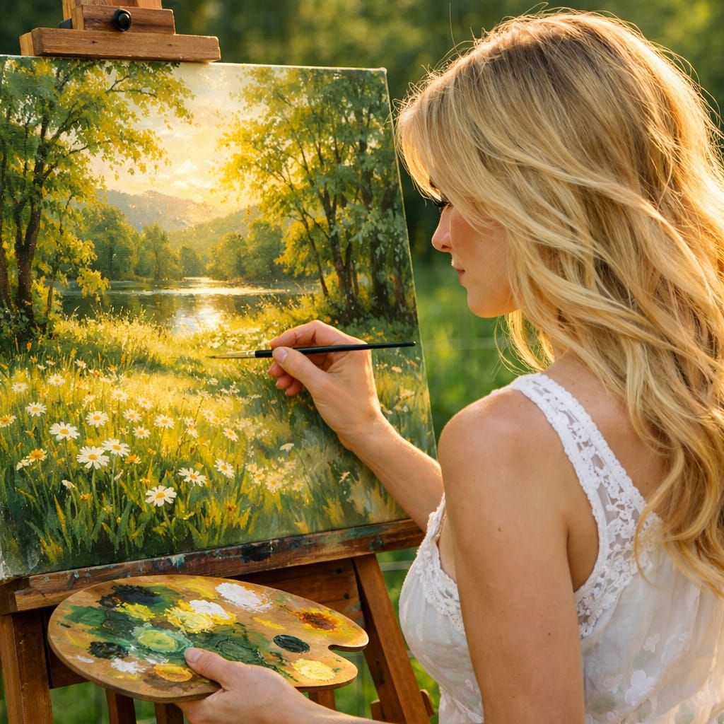 Artist Paints Tranquil Meadow Scene