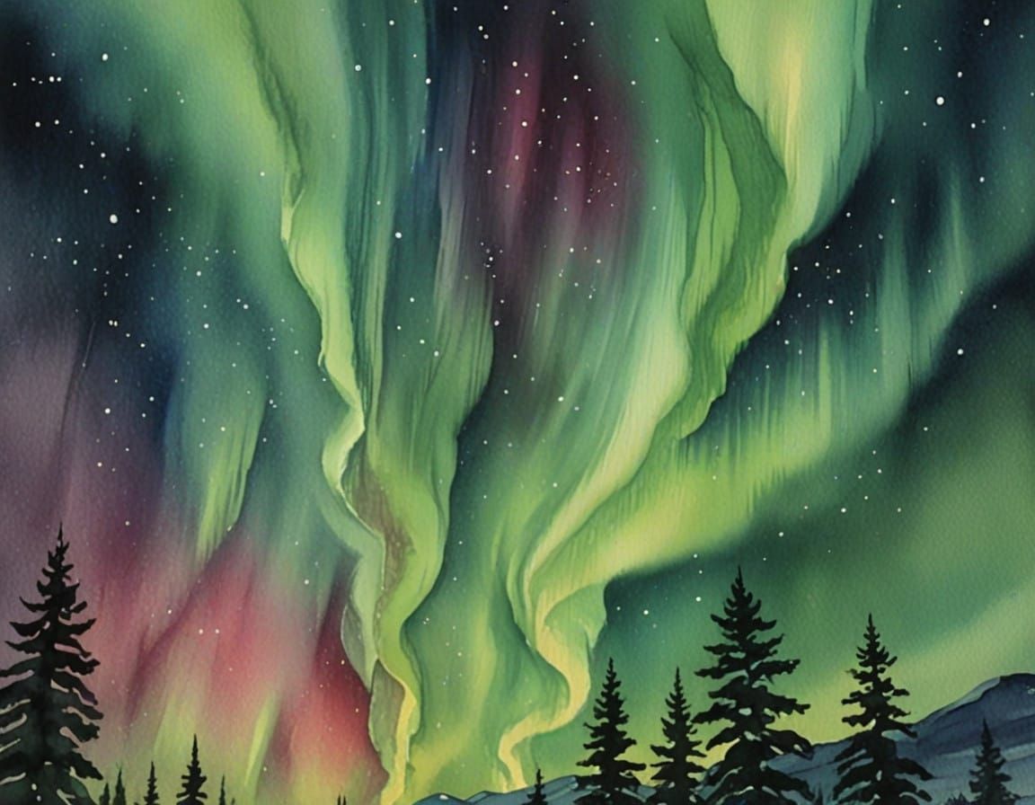 Whimsical Watercolor Northern Lights Aurora