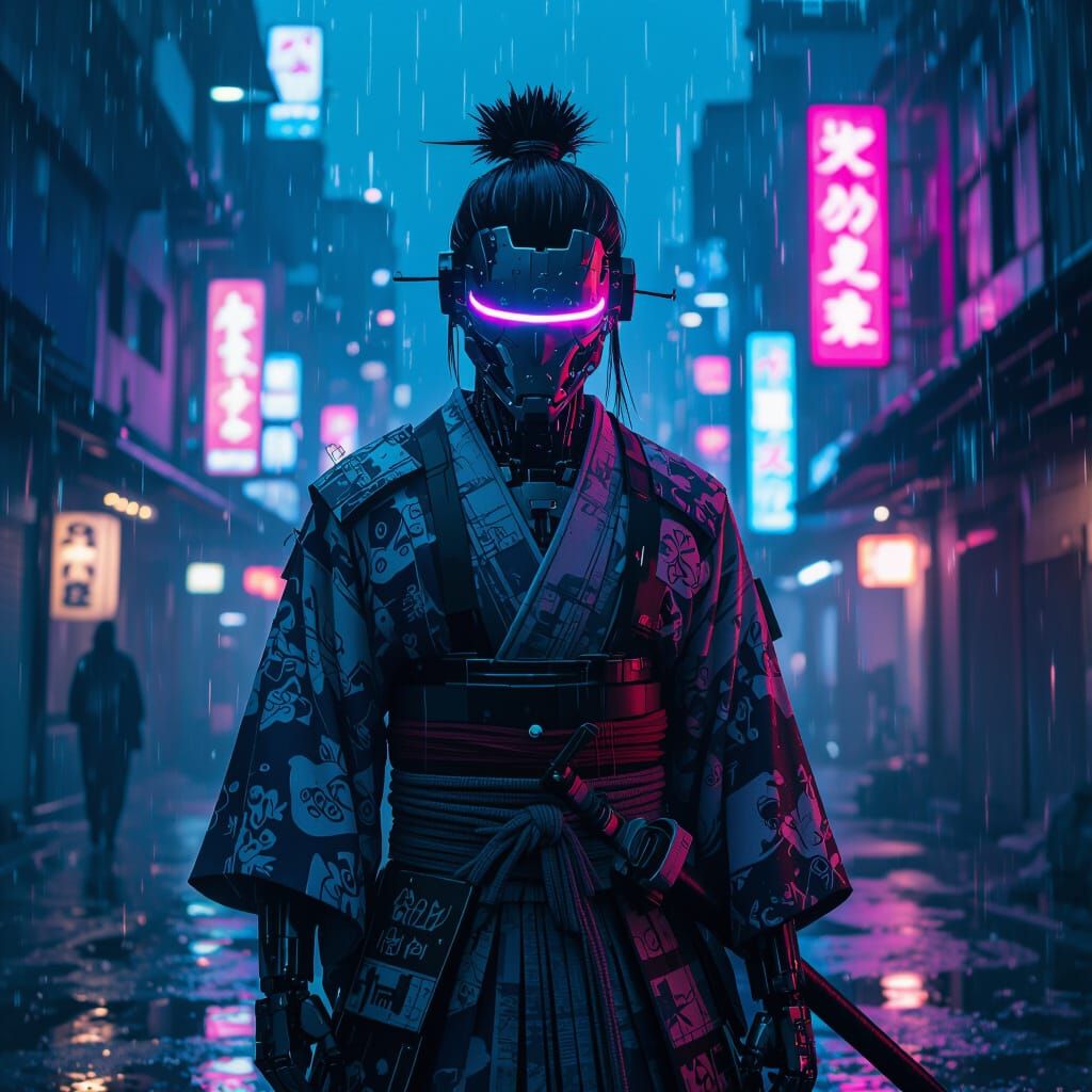 Cyborg Samurai in Neon-Lit Cyberpunk Cityscape