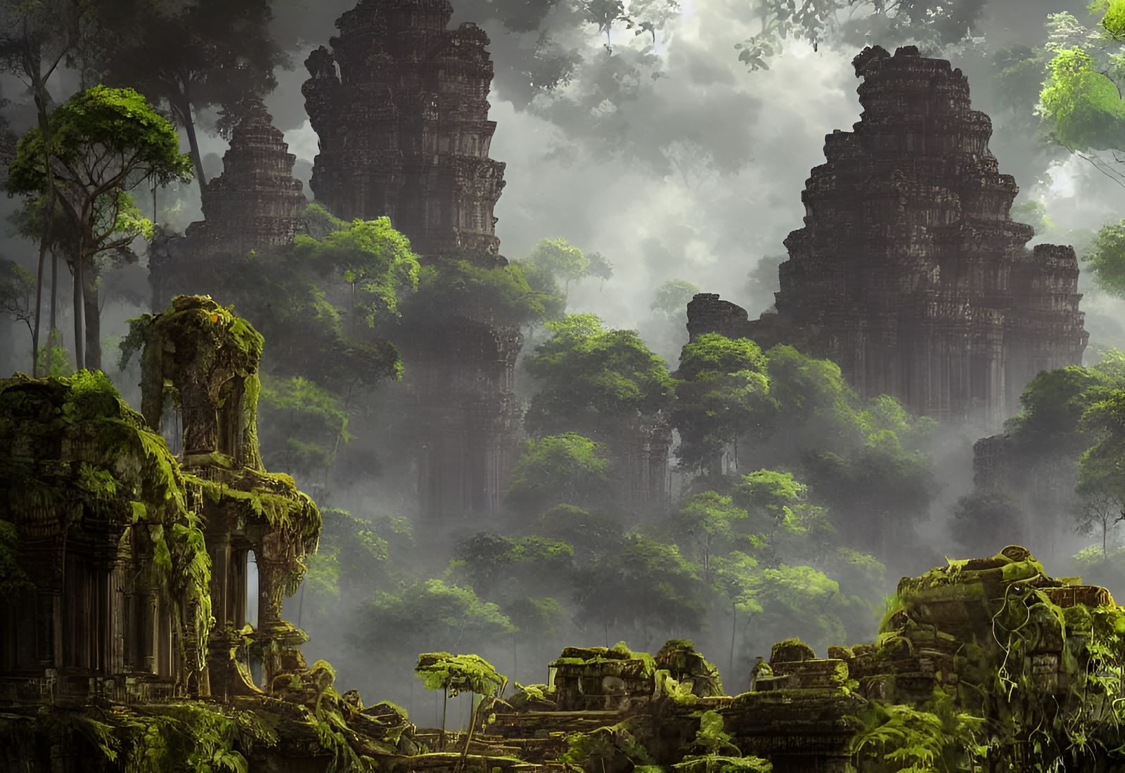 Angkor Ruins in Overgrown Jungle, Digital Illustration