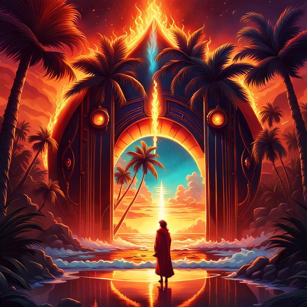 Beach with Palm Trees and Shining Portal