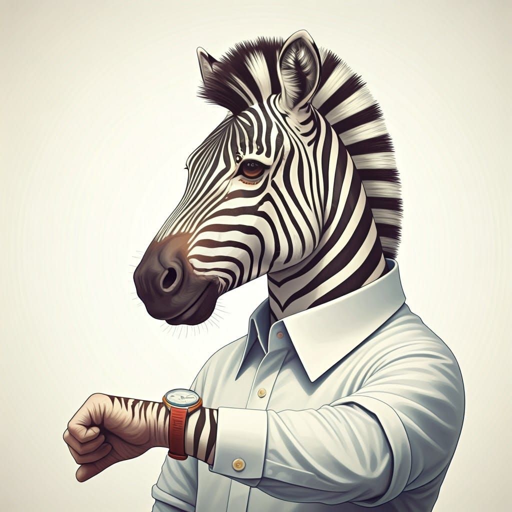 Whimsical Zebra in a Softbox World, Checking Time with a Twi...