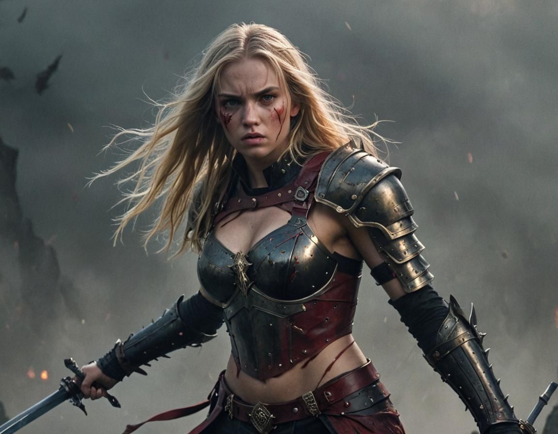 Fierce Female Warrior in Misty Dark Fantasy Style