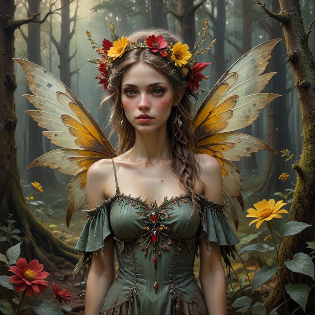 Bohemian Punk Fairy in Muted Forest Oil Painting