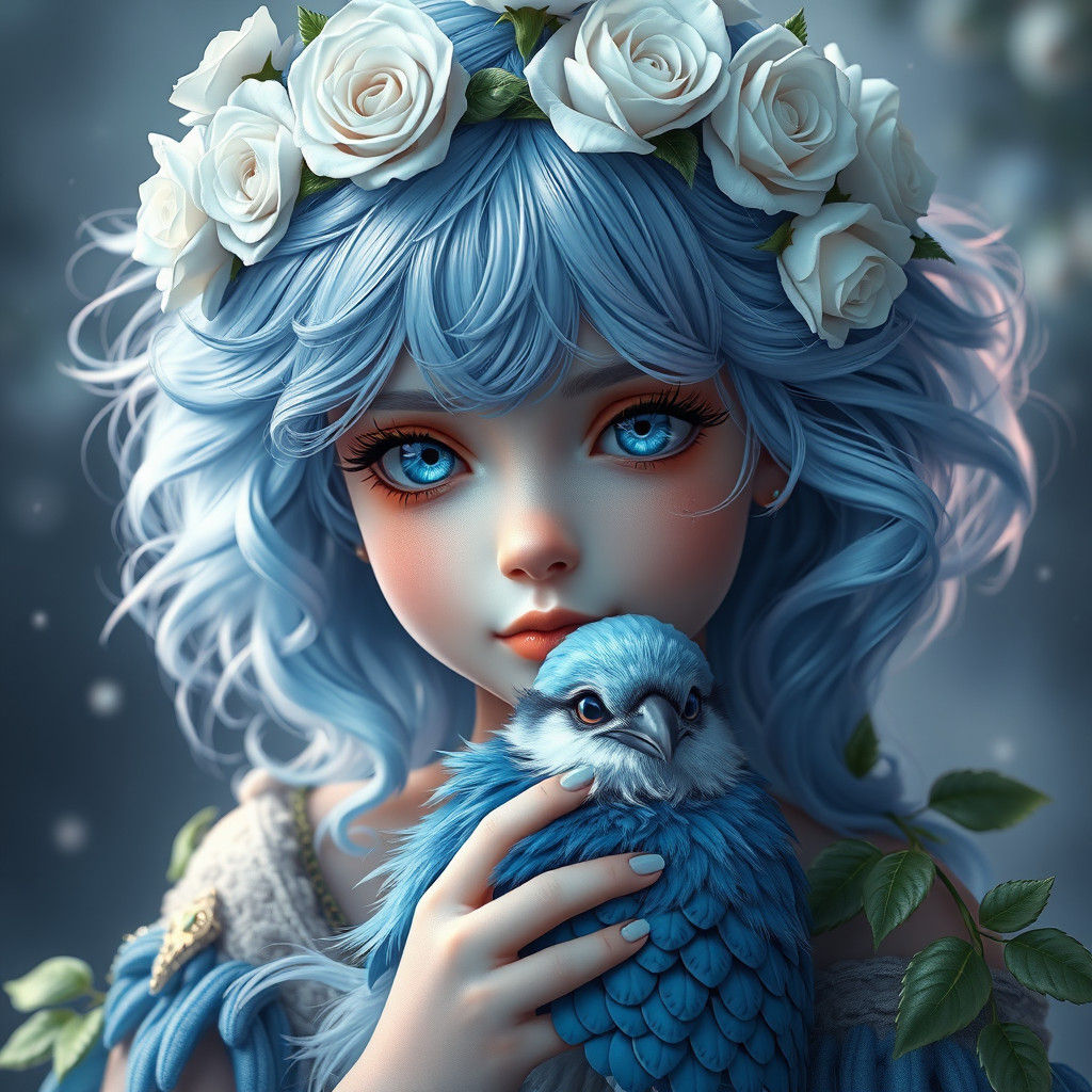 Blue-Haired Girl with Bluejay and Rose Crown