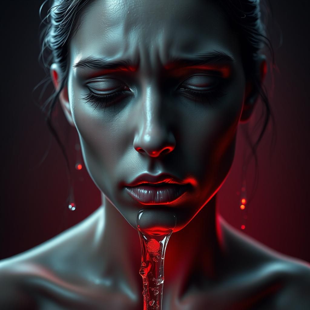 Anguished Figure Drinks Tears: Hyper-Realistic Portrait
