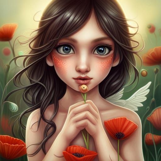 Chibi Elf Girl in Poppy Field: Digital Art