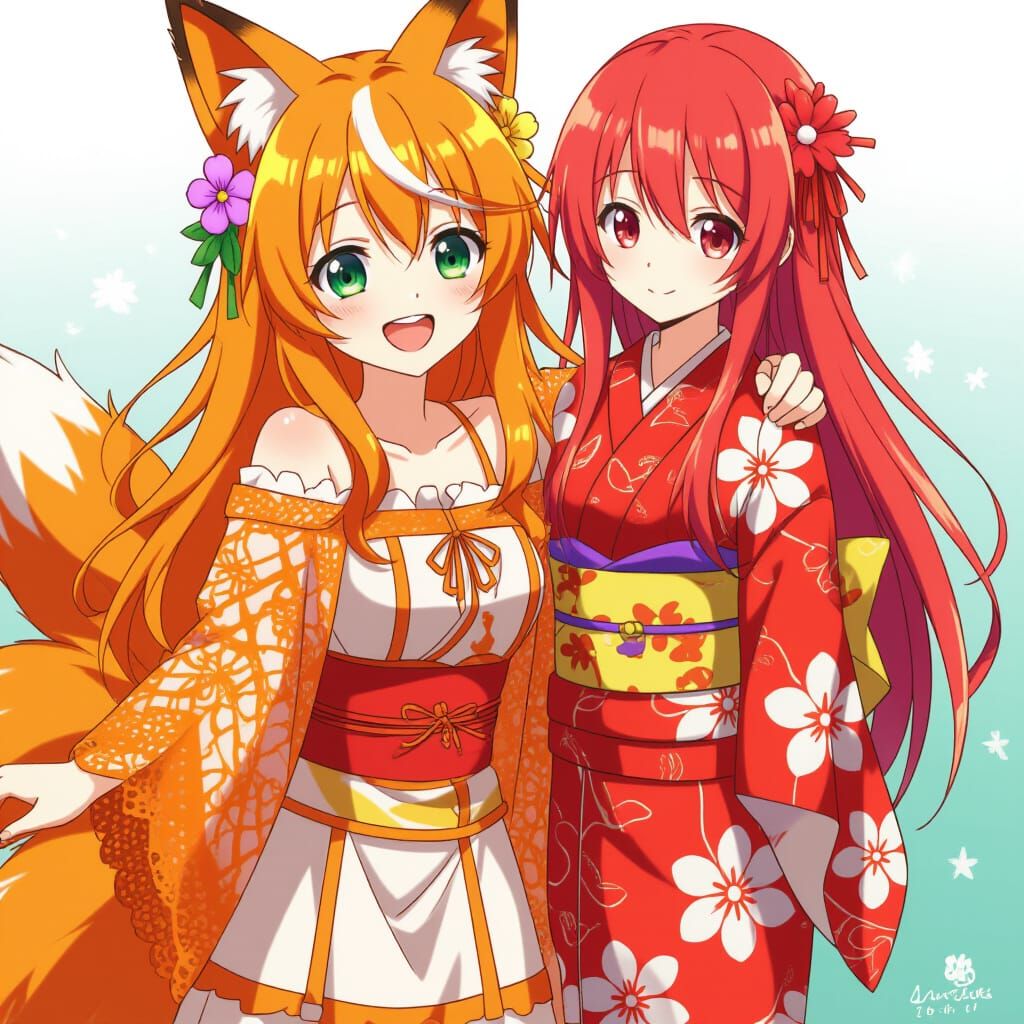Anime Fox Girl with Companion in Kimono