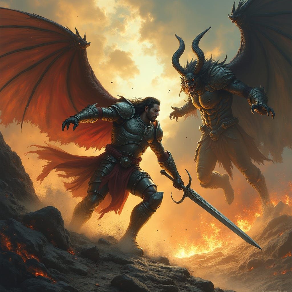 Deity Battles Demon in Apocalyptic Storm