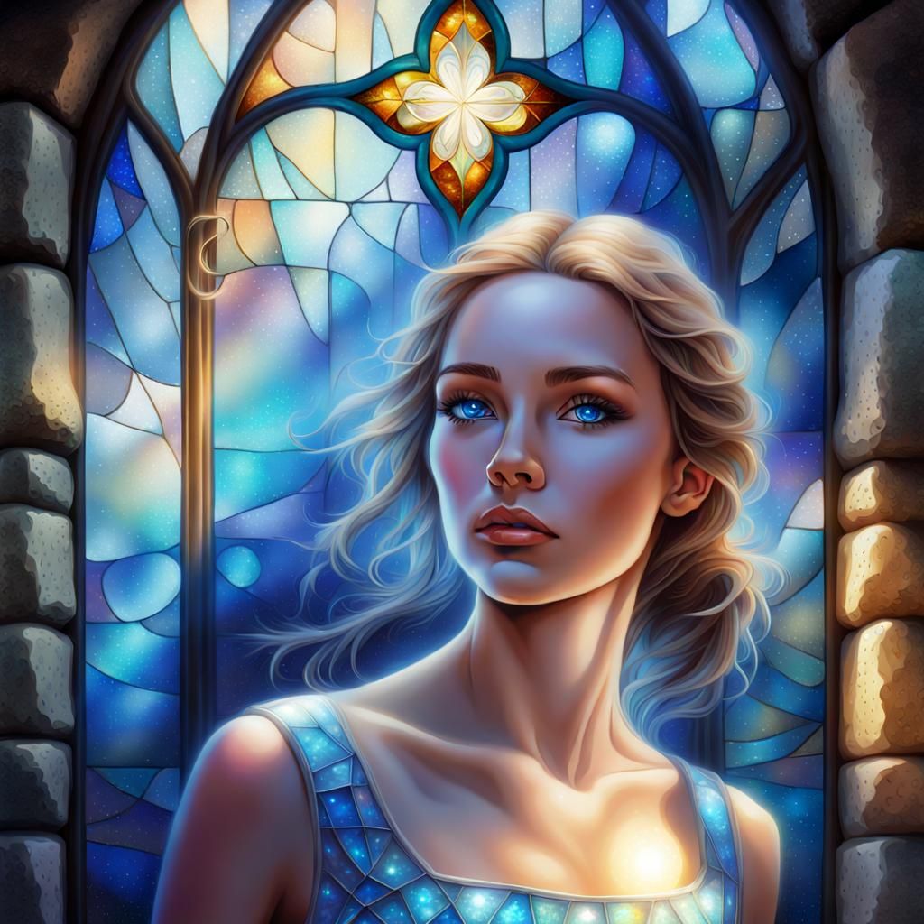 Young Woman in Stained Glass Astral Illustration