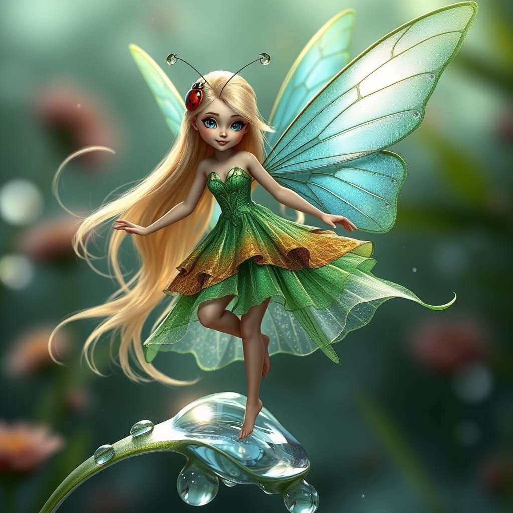 Mystical Ladybug Pixie in Emerald Gown Dances on Dewdrop