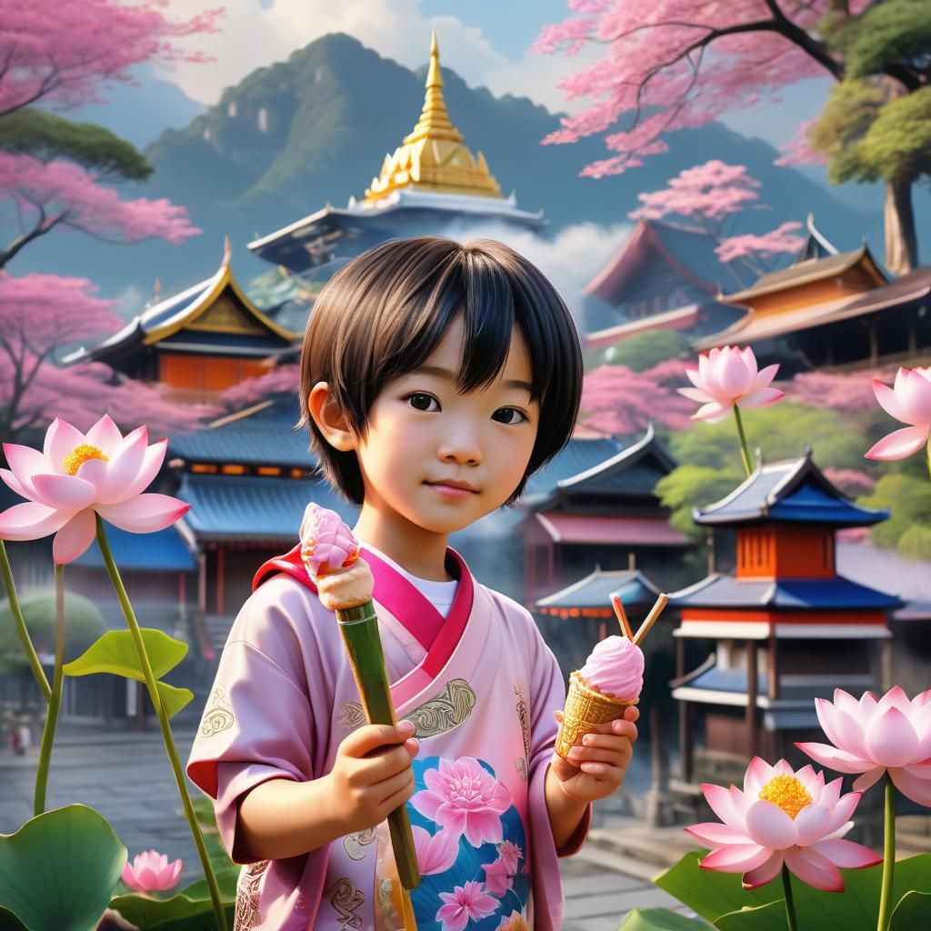 Japanese Boy with Lotus Ice Cream, Anime Art