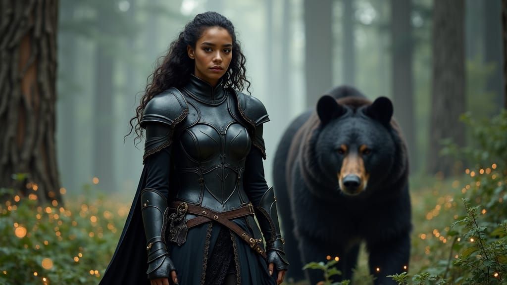 Surreal Warrior in Elegant Black Armor Strolls Through Mysti...