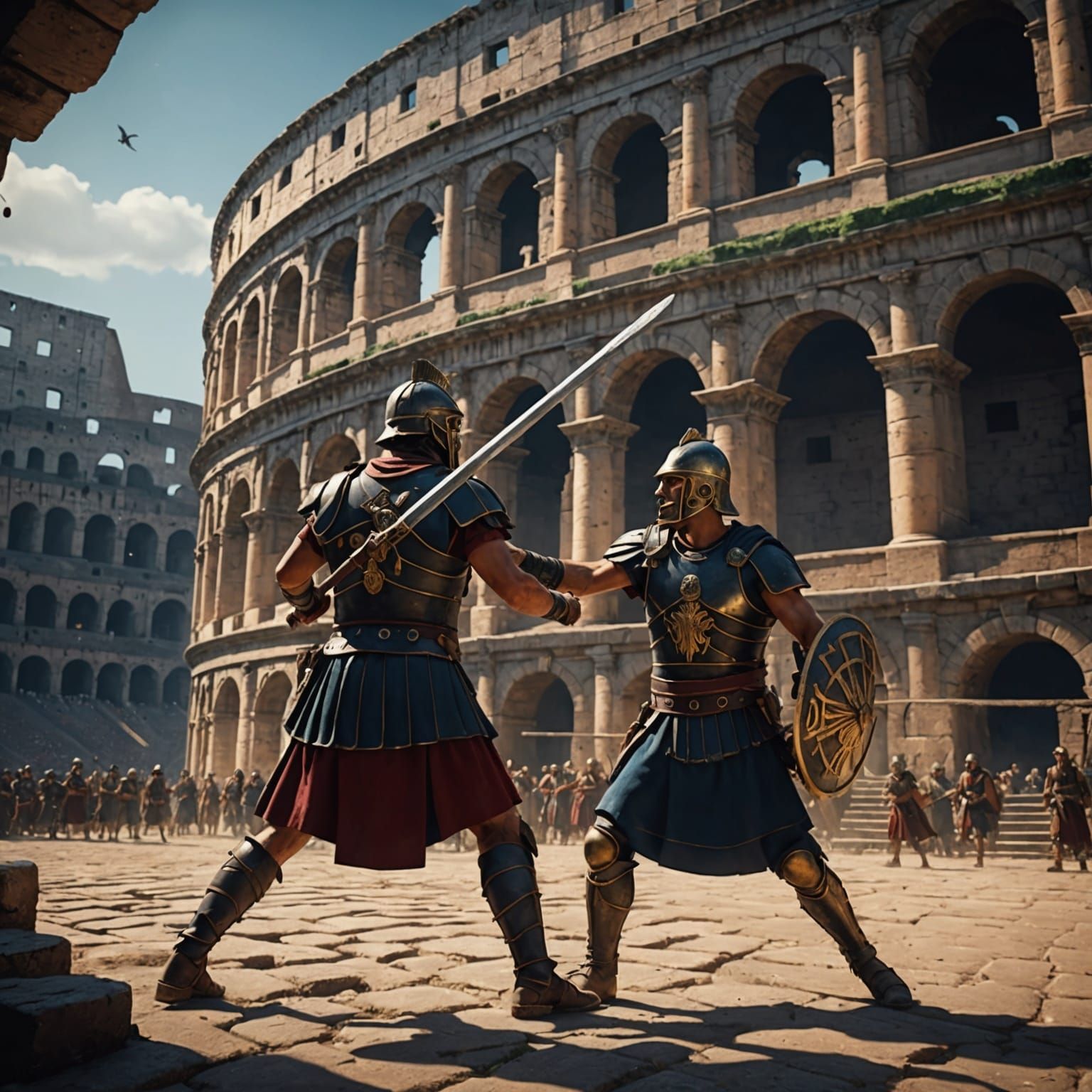 Gladiator and Roman Soldier Battle in Ghibli Style