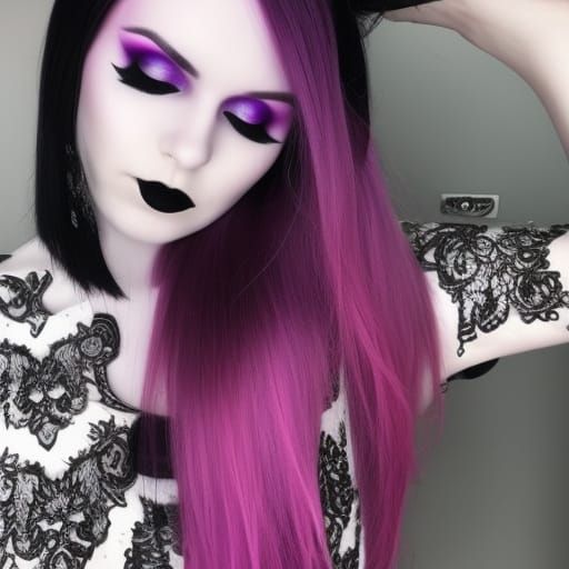 Ethereal gothic young lady with long beautiful vibrant magenta pink hair& Beautiful purple eyes& magenta pink eyeshadow ...
