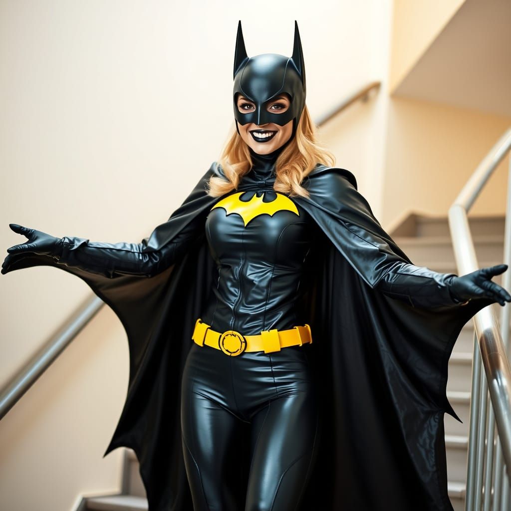Batgirl in Elegant Black Latex Cape and Leather Suit