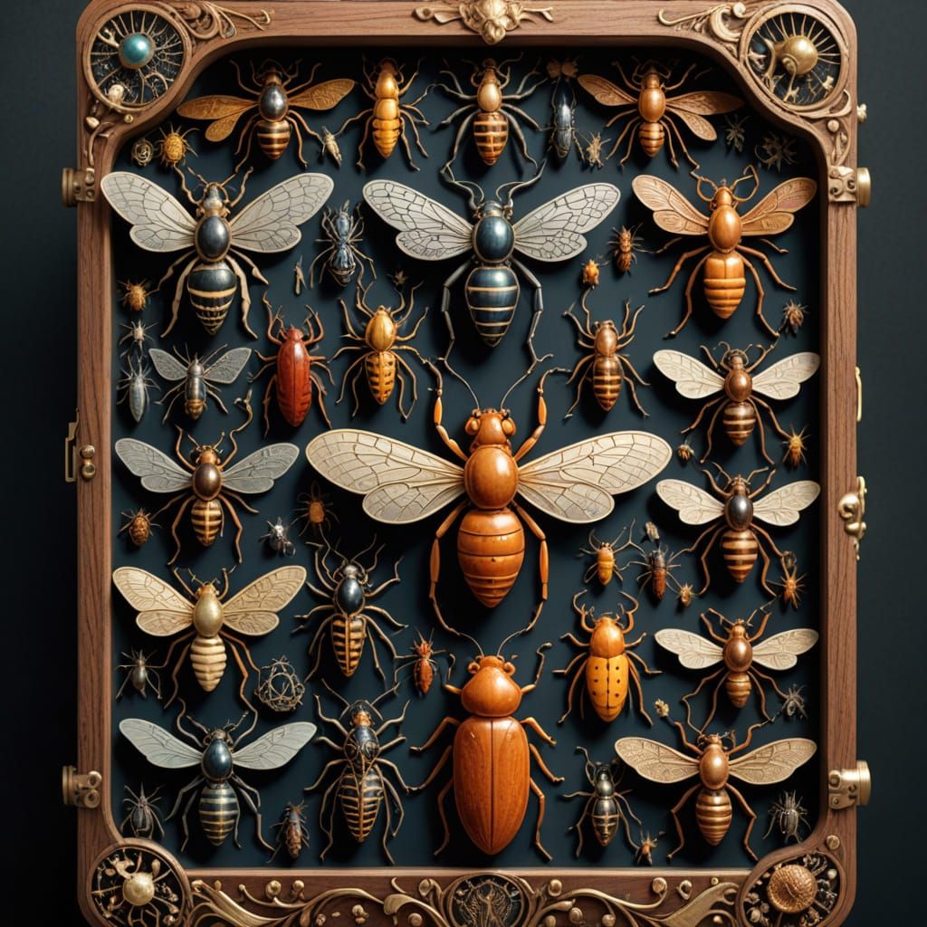 intricately detailed insects pinned in a specimen box,  in t...