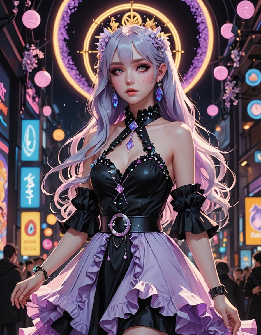 Pastel Goth Dress with Neon Lights in Anime Style