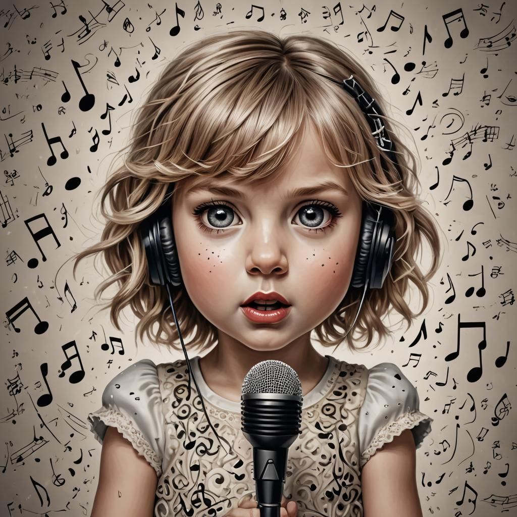 Hyperrealistic Caricature of Baby Taylor Swift Singing