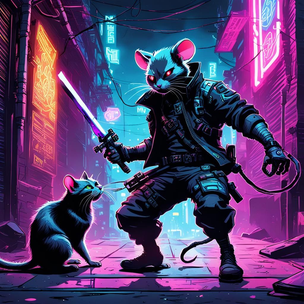 Cyberpunk Ninja Mouse Fight in Neon Alley