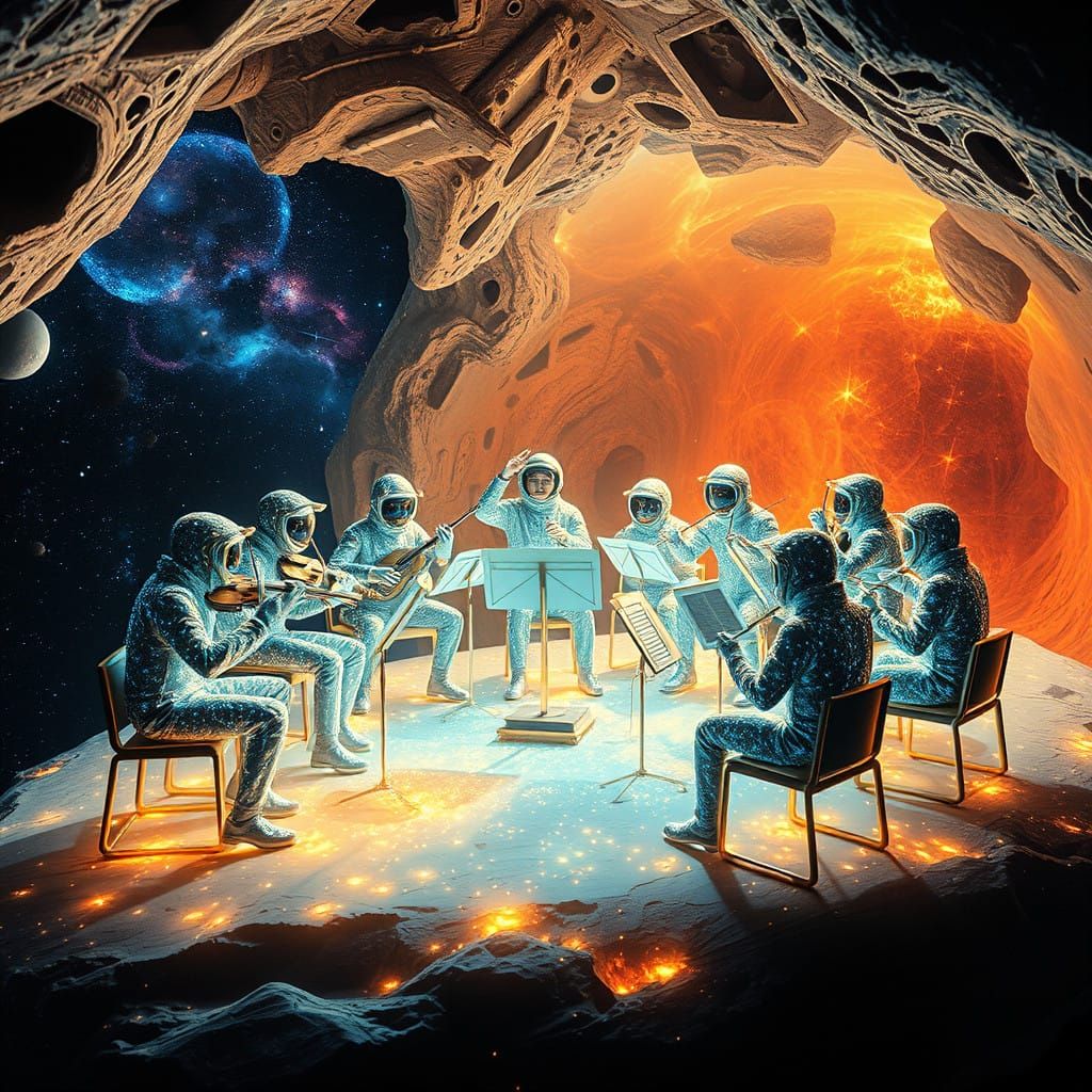 Futuristic Orchestra Performs on Radiant Comet Surface