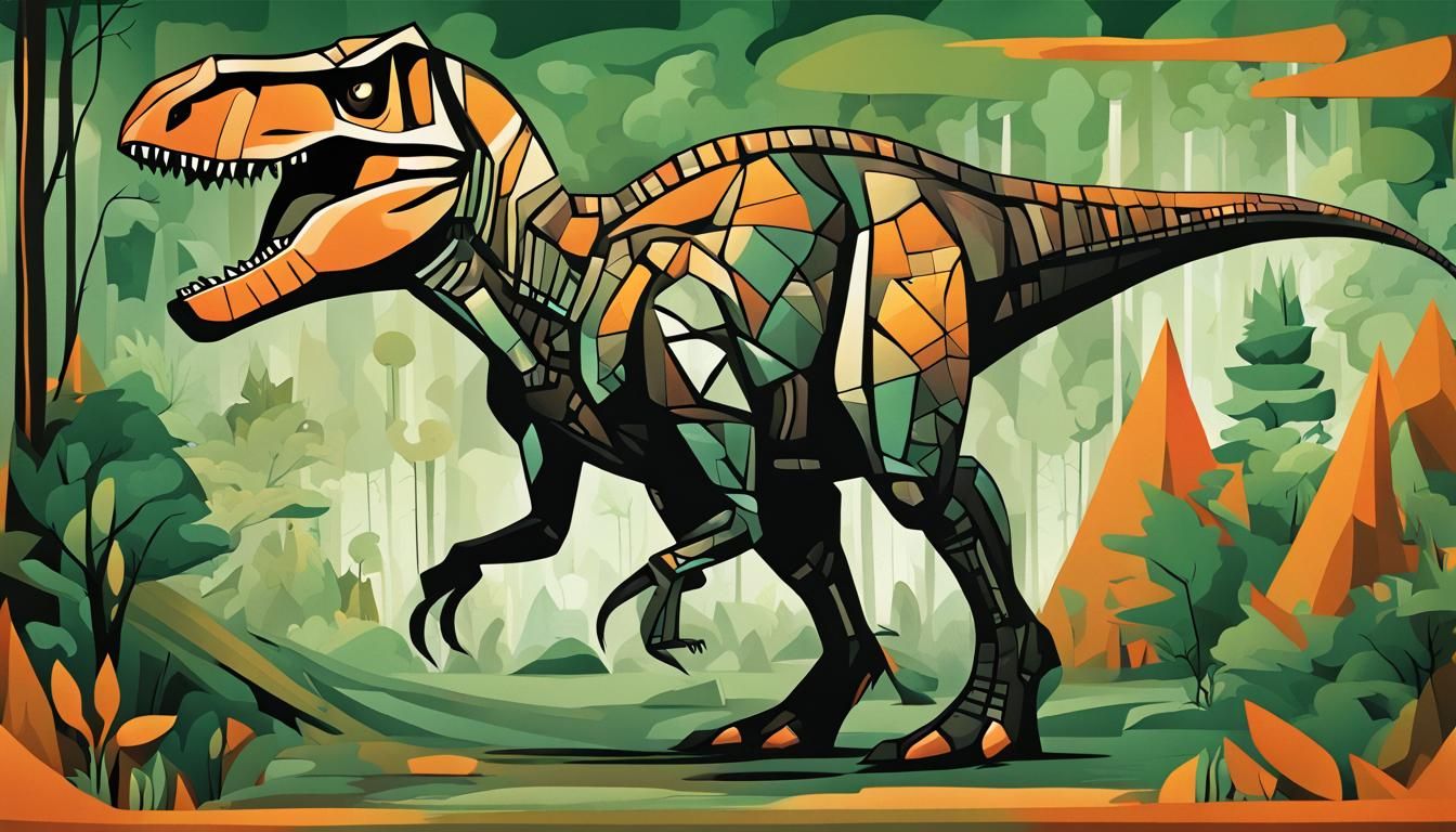 Cubist T-Rex Roars in Emerald Forest