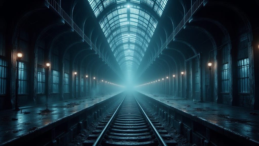 Ethereal Ghost Train Station in Moonlight