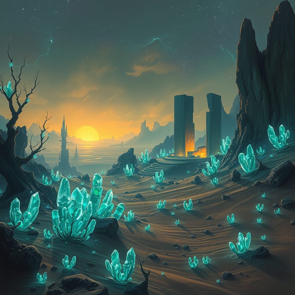 Alien Bioluminescent Forest Meets Crumbling Desert