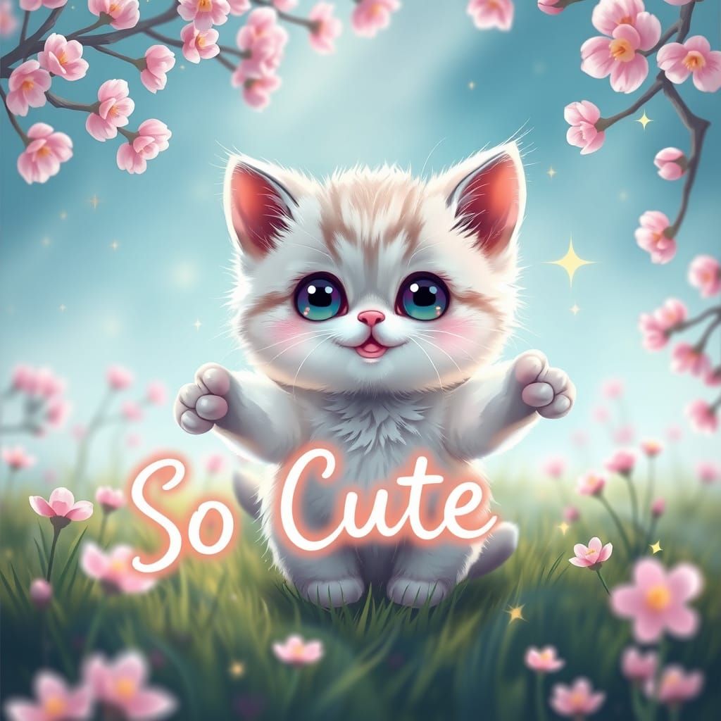Cute Kitten in Pastel Meadow: Kawaii Digital Art