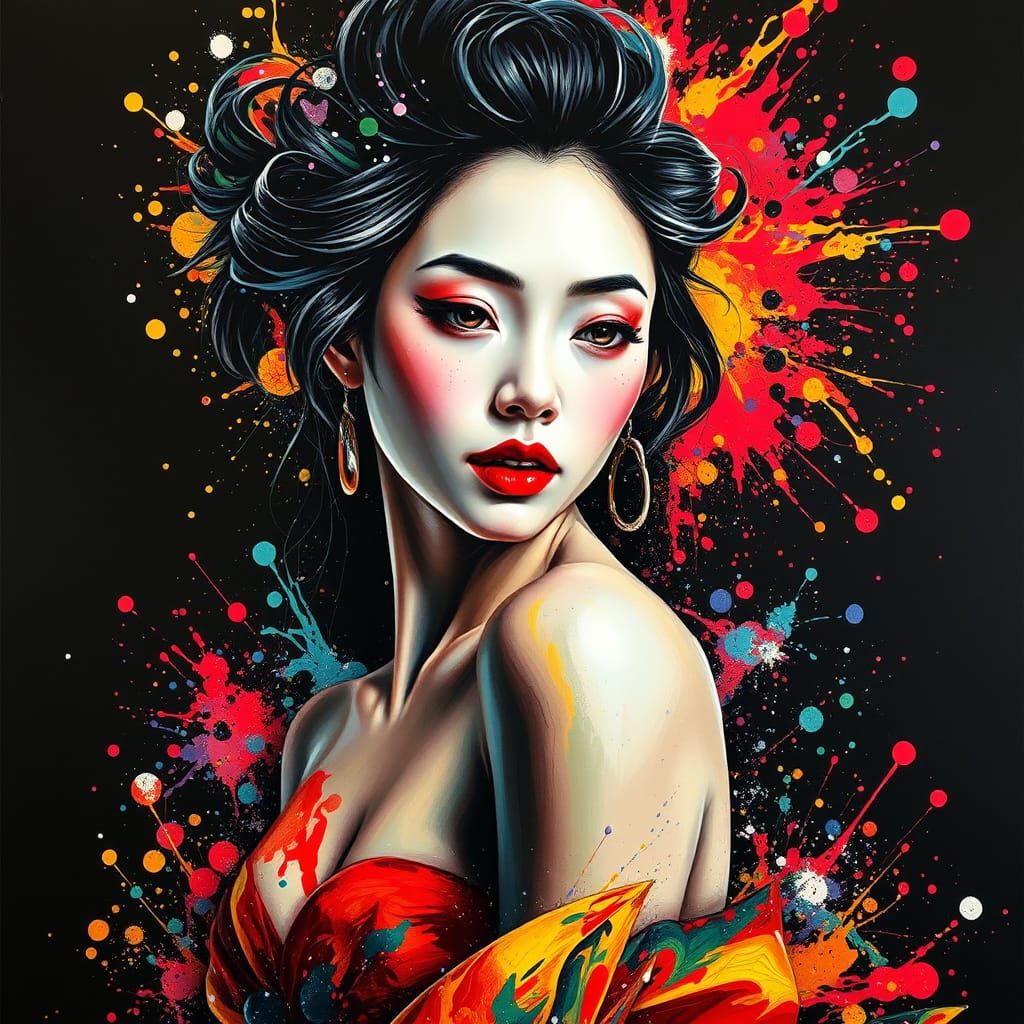 Sensual Japanese Woman in Dynamic Paint Splash Art