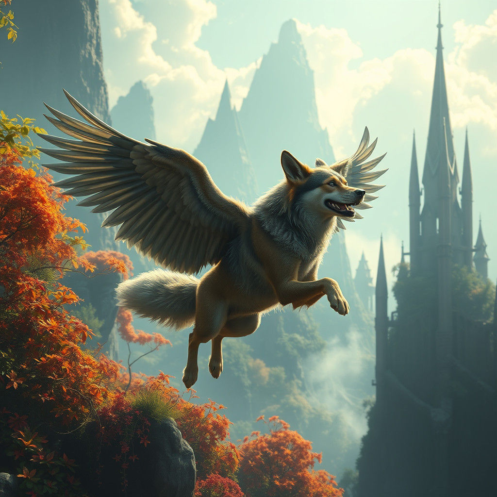 Winged Canine Soaring in Dreamlike Landscape