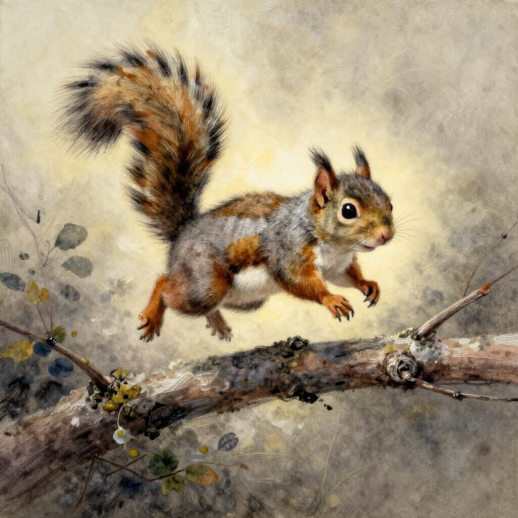 Baby Squirrel Leaping in Watercolor-Gouache Fantasy Style