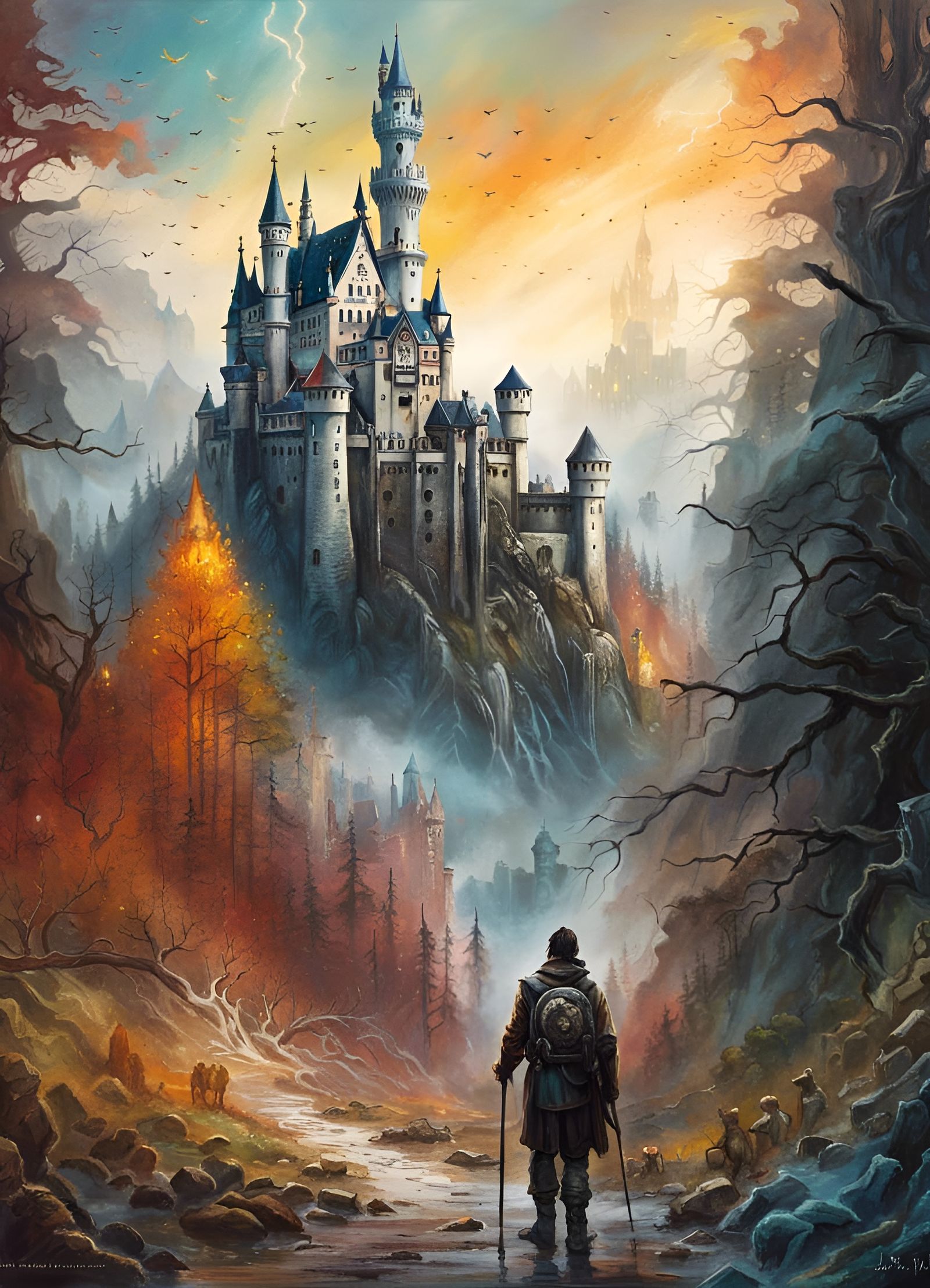 Apocalyptic Neuschwanstein Castle Crayon Caricature