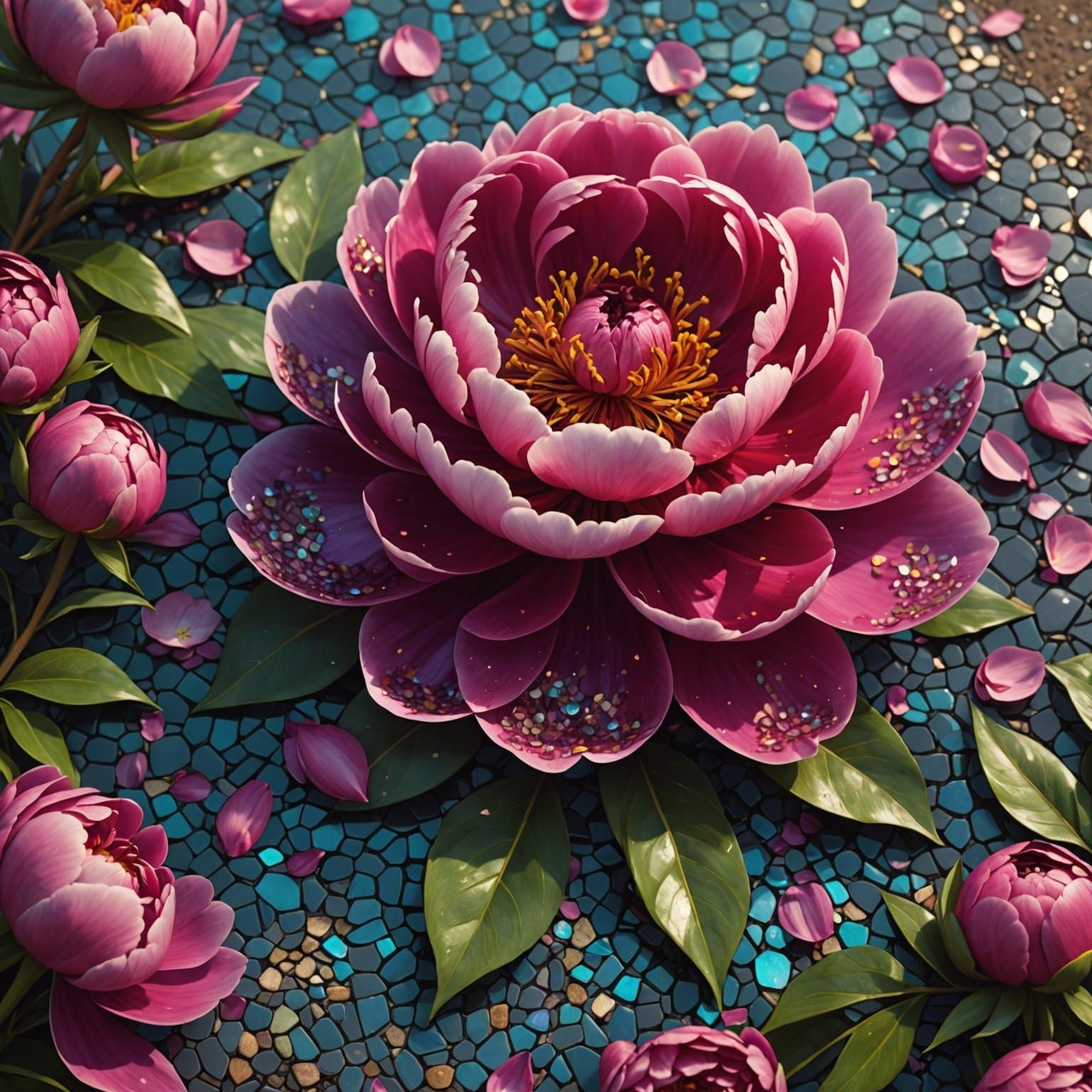 Peony Mosaic Glitters on Beach in Detailed Matte Painting
