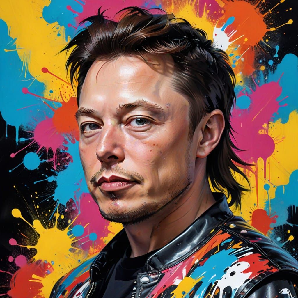 Elon Musk in a Vibrant Mullet, Blending Graffiti and Street...