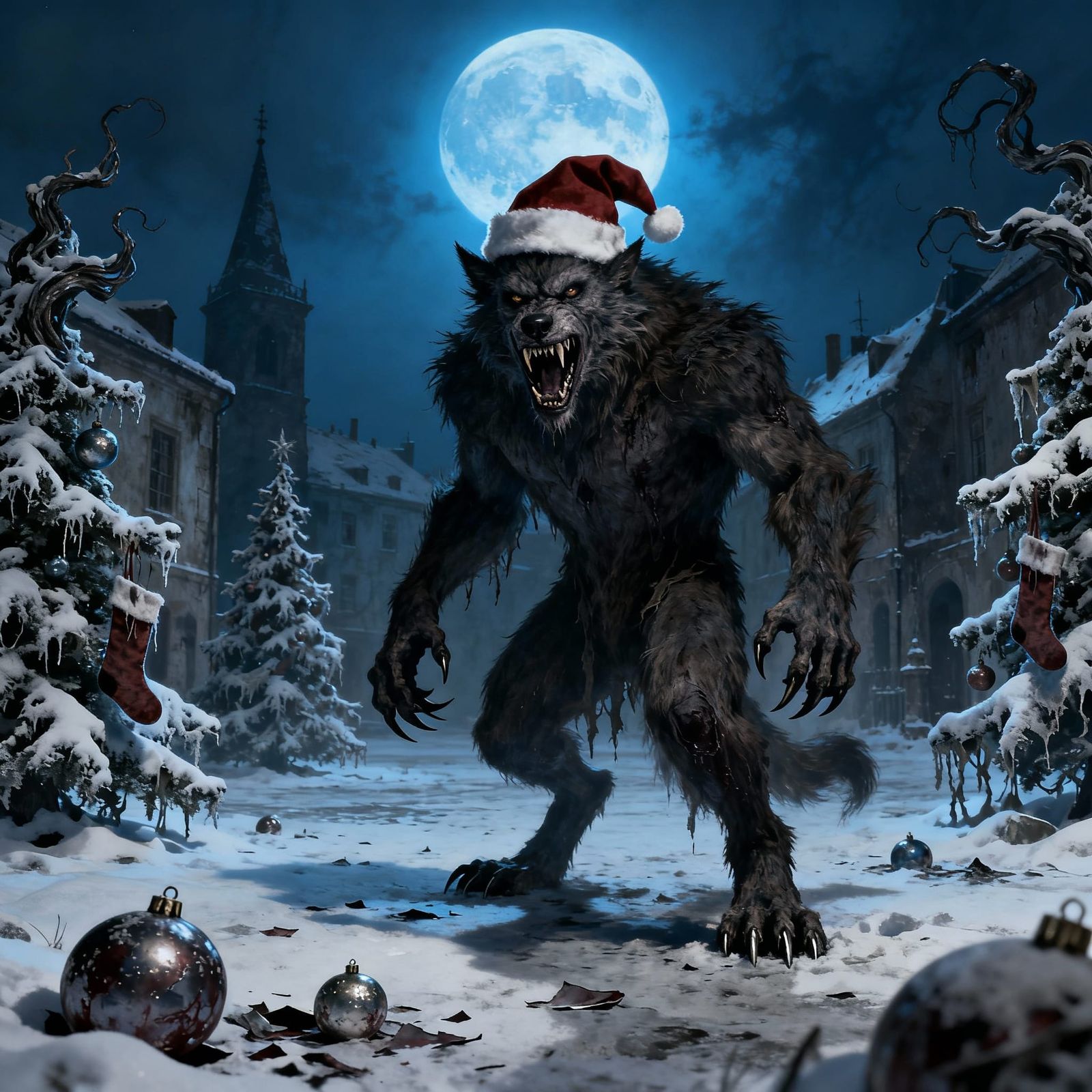Terrifying Werewolf in Snowy Village Square