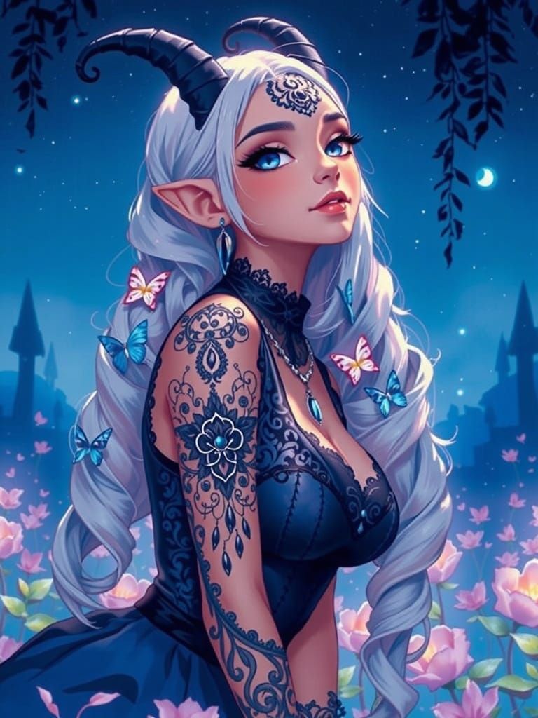 A captivating anime-style portrait of a young woman with long, flowing, ethereal silver-white hair. She has large, strik...