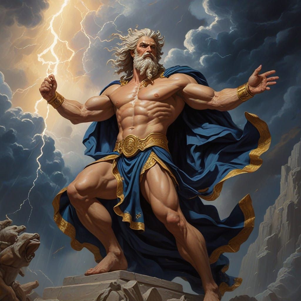 Grand Baroque-Style Oil Painting of Zeus Casting Lightning B...