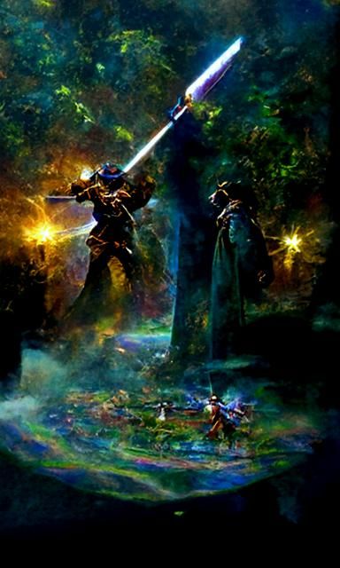 Swordmasters Duel: Ethereal Oil Painting