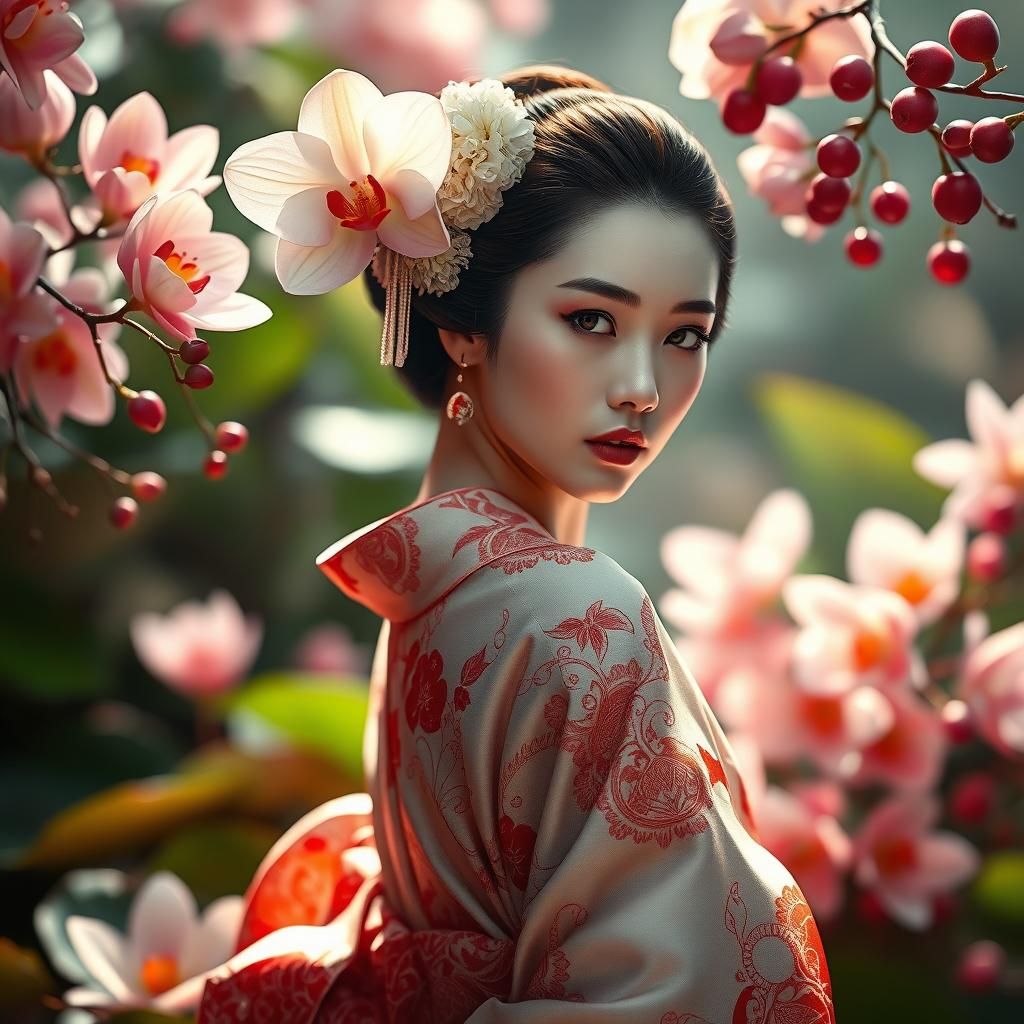 Ethereal Geisha in Kimono: Photorealistic Fashion Portrait