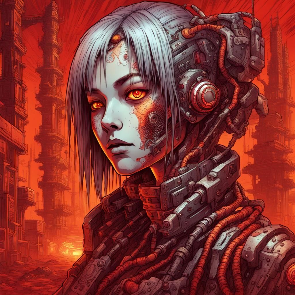 Corroded Cyberpunk Girl with Crimson Cybernetics
